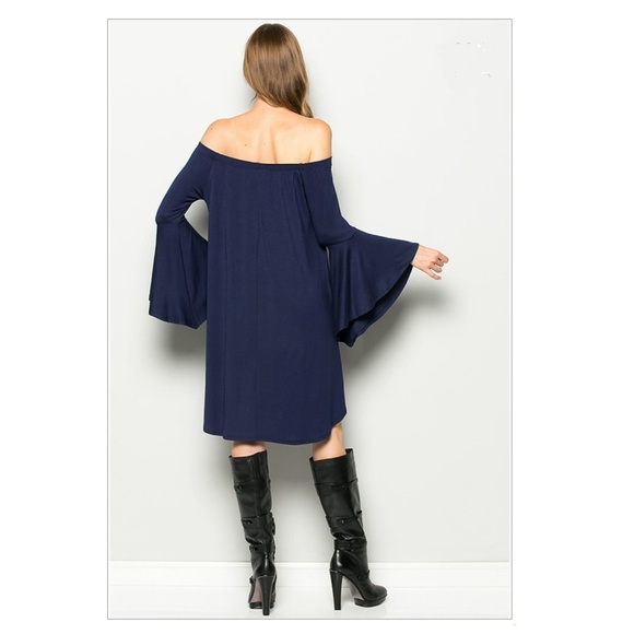 NWT Off The Shoulder Boho Bell Sleeve Dress - Navy - Picture 2 of 3